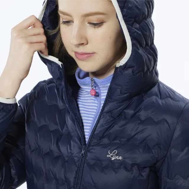 【Lynx Golf】女款防風潑水保暖羽絨波浪紋路隱形拉鍊口袋長袖連帽外套(深藍色)