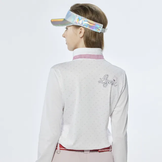 【Lynx Golf】女款吸濕排汗網眼材質滿版小愛心印花長袖POLO衫/高爾夫球衫(白色)