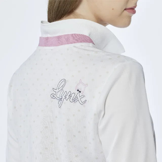 【Lynx Golf】女款吸濕排汗網眼材質滿版小愛心印花長袖POLO衫/高爾夫球衫(白色)