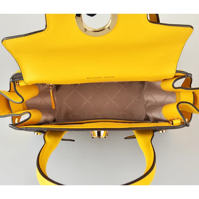 【Michael Kors】MICHAEL KORS CARMEN金字LOGO印花PVC拼接牛皮磁釦式手提斜背包(小/咖啡x向日葵黃)
