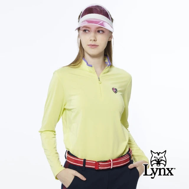 【Lynx Golf】女款遠紅外線保暖內刷毛彩色植絨LOGO長袖立領POLO衫/高爾夫球衫(亮黃色)