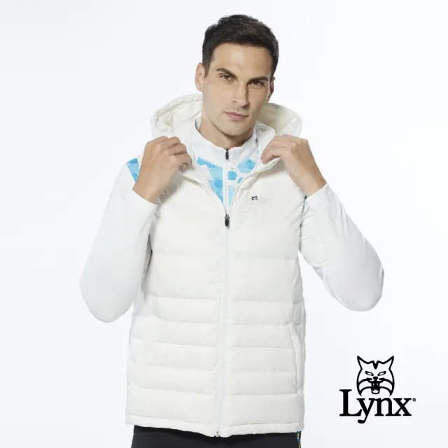 【Lynx Golf】男款保暖羽絨素面款脇邊羅紋設計無袖連帽背心(白色)