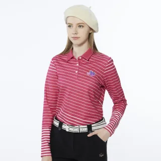 【Lynx Golf】女款合身版吸排抗UV內刷毛斜條紋後背愛心印花長袖POLO衫/高爾夫球衫(桃紅色)