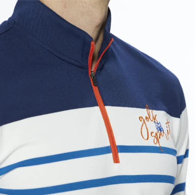 【Lynx Golf】男款合身版內刷毛保暖網眼材質百搭橫條款長袖立領POLO衫/高爾夫球衫(藍色)