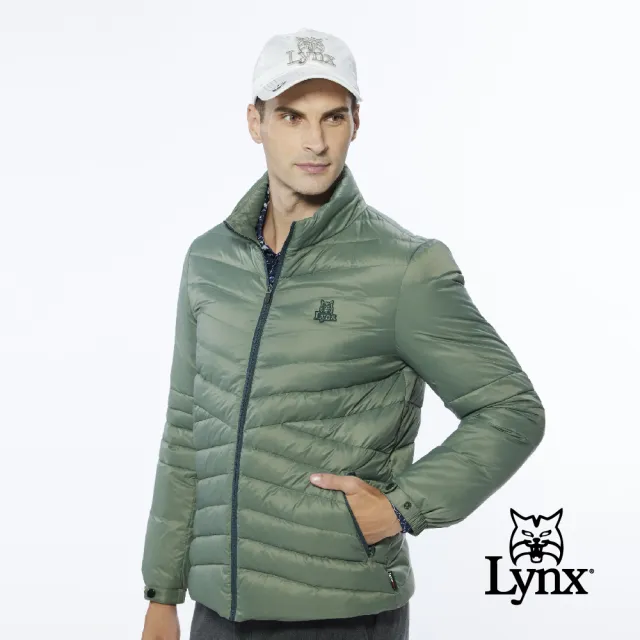【Lynx Golf】男款保暖羽絨山貓織標LOGO夾標設計長袖外套(墨綠色)