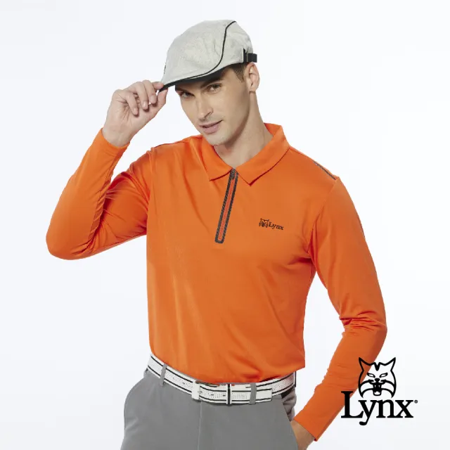 【Lynx Golf】男款合身版內刷毛保暖反光貼條後背造型設計長袖立領POLO衫/高爾夫球衫(橘色)