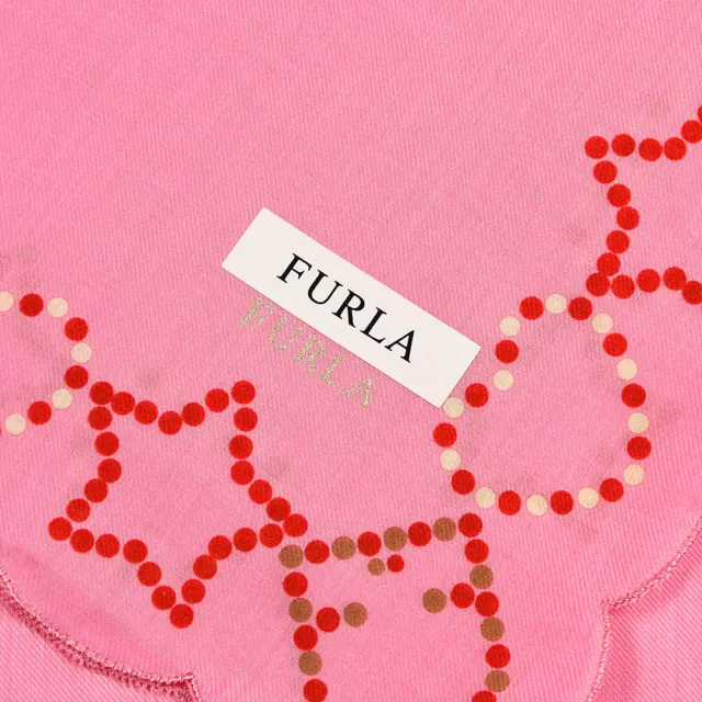 【FURLA 芙拉】經典拱門LOGO點點星心花瓣滾邊純綿帕巾(粉紅色)