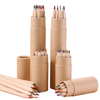 【芬菲文創】12色原木色桶裝彩色鉛筆 六角桿環保色彩筆(長款2組+短款2組)
