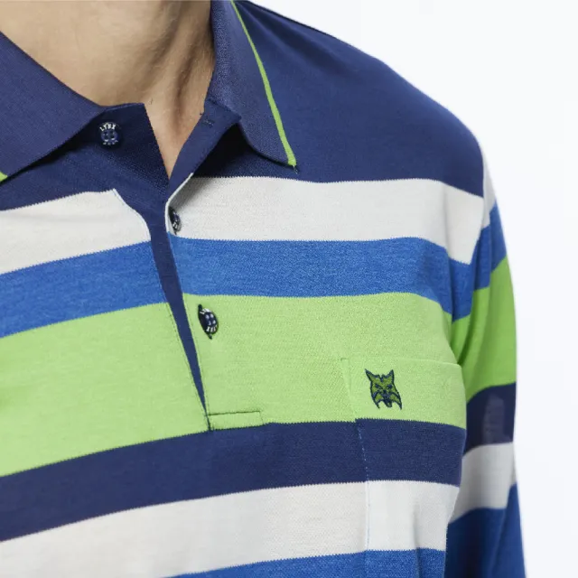 【Lynx Golf】男款歐洲進口布料純棉絲光配色條紋胸袋款長袖POLO衫/高爾夫球衫(藍色)