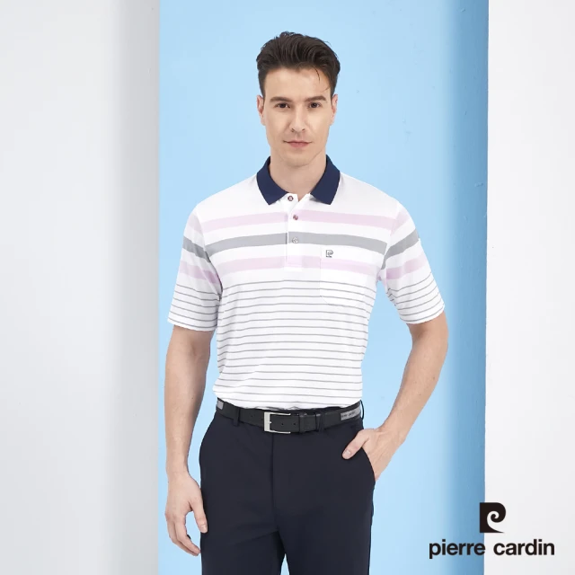 pierre cardin 皮爾卡登 商務休閒 男款 吸濕排汗定位橫條短袖polo衫-紫色(5217294-26)