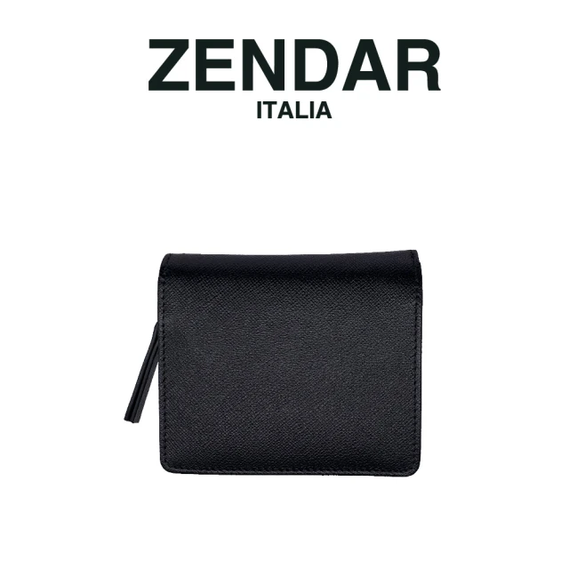 【ZENDAR】國際精品 頂級NAPPA小牛皮十字紋拉鍊短夾(黑色)