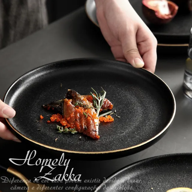 【Homely Zakka】北歐輕奢風金邊黑色磨砂陶瓷餐具/牛排盤/西餐盤_小圓平盤2入組(飯碗 餐具 餐碗 盤子 器皿)