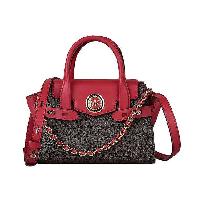 【Michael Kors】MICHAEL KORS CARMEN金字LOGO鏈帶設計印花PVC拼接牛皮釦式手提斜背包(迷你/深咖啡x莓紅)