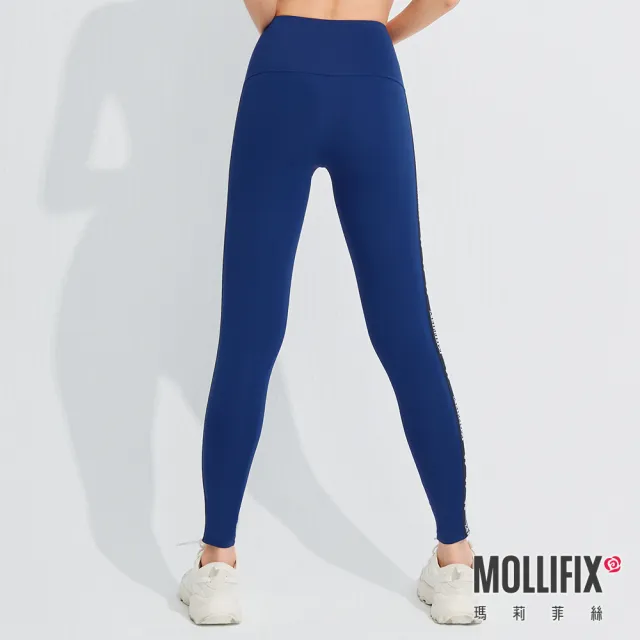 【Mollifix 瑪莉菲絲】Pixel Art 極簡側織帶動塑褲瑜珈褲、瑜珈服、Legging(經典藍)