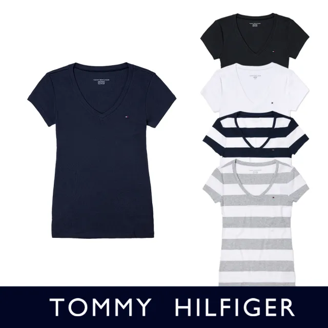 【Tommy Hilfiger】TOMMY 經典V領刺繡小LOGO素面短袖T恤-女-多色組(平輸品/短T)