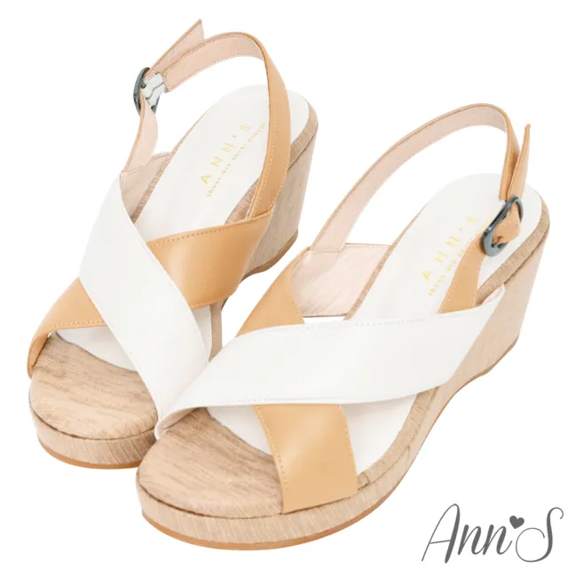 【Ann’S】顯瘦時刻-撞色交叉小羊皮輕盈楔型厚底涼鞋7cm-版型偏小(棕)