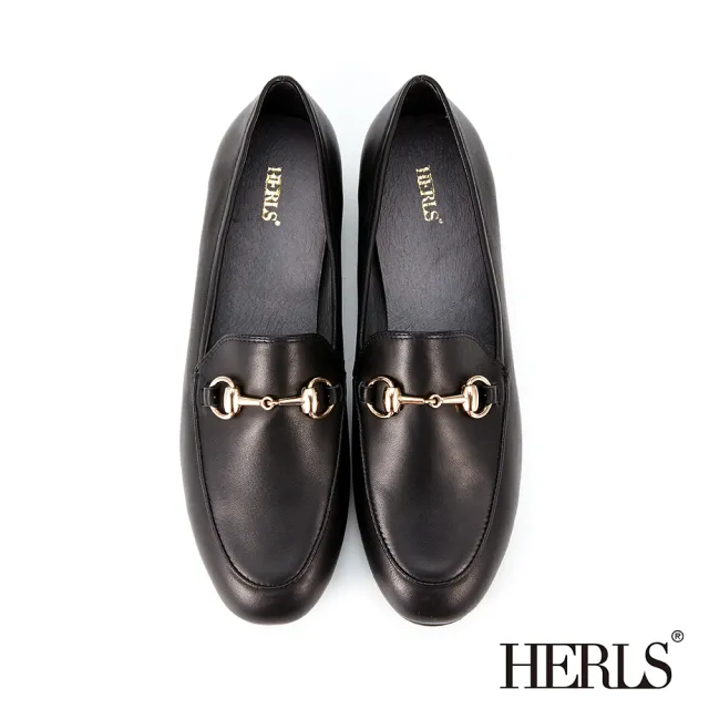 【HERLS】樂福鞋-全真皮馬銜釦橢圓頭平底樂福鞋(黑色)