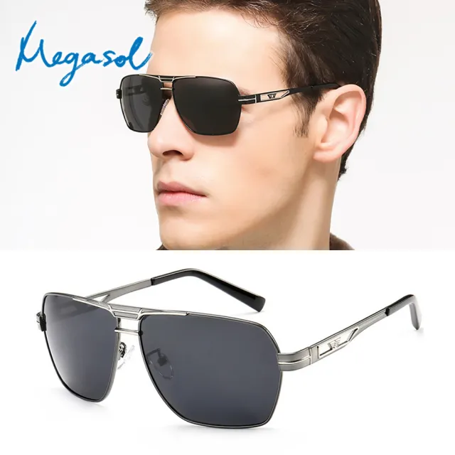 【MEGASOL】UV400防眩偏光太陽眼鏡時尚男女中性大框墨鏡(金屬矩方大框GD-2648-多色選)