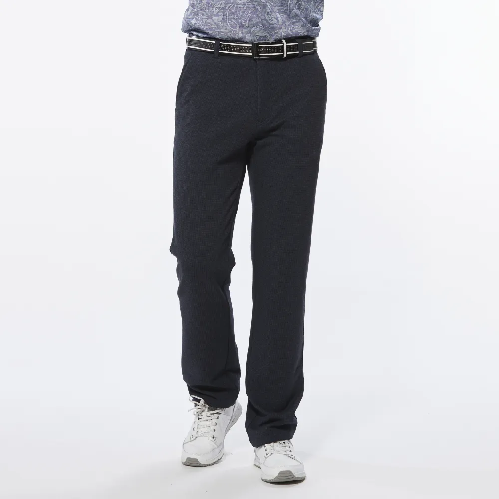 【Lynx Golf】男款日本進口布料口袋剪接造型織帶設計平口基本版休閒長褲(深藍色)