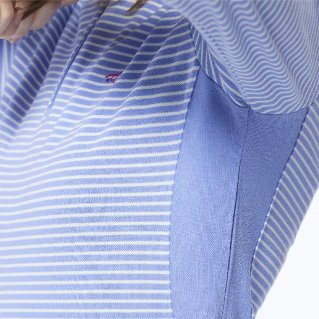 【Lynx Golf】女款合身版造型袖口內刷毛網眼材質條紋款式長袖立領繡花POLO衫/高爾夫球衫(藍色)