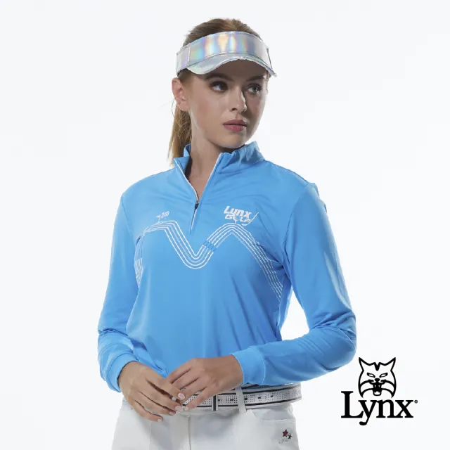 【Lynx Golf】女款吸濕排汗果嶺18洞球道印花立領長袖POLO衫/高爾夫球衫(藍色)