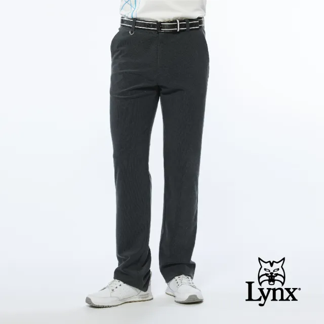 【Lynx Golf】男款日本進口類燈芯絨布料後袋配色織帶設計平口基本版休閒長褲(深灰色)