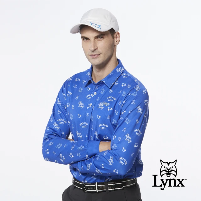 【Lynx Golf】男款吸濕排汗滿版果嶺球車俏皮印花長袖POLO衫/高爾夫球衫(藍色)