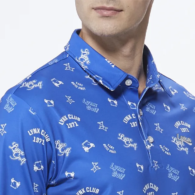 【Lynx Golf】男款吸濕排汗滿版果嶺球車俏皮印花長袖POLO衫/高爾夫球衫(藍色)