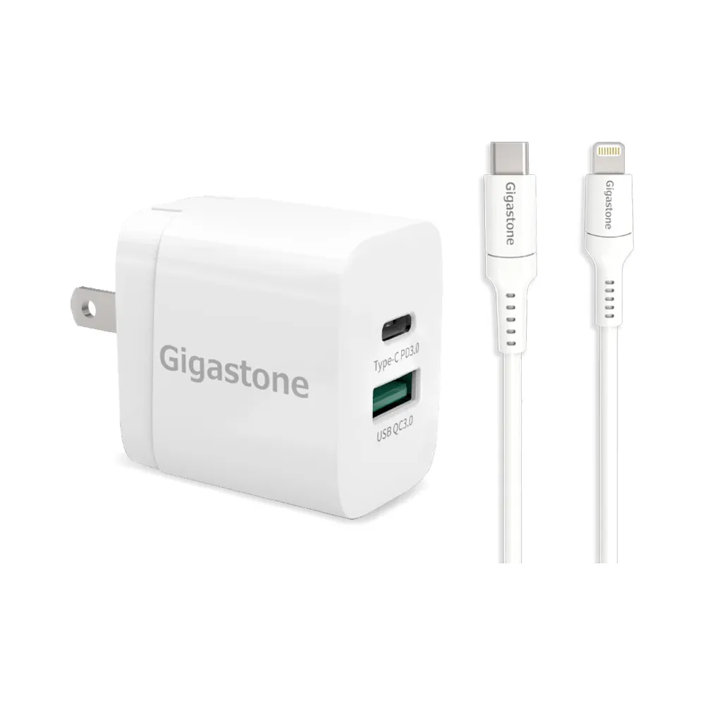 【GIGASTONE 立達】PD/QC3.0 20W急速充電器+C to Lightning MFi充電線(iPhone 14/13/12蘋果快充充電頭組)