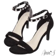 【Ann’S】鉚釘鑽石絨布一字帶細跟涼鞋8cm-版型偏小(黑)