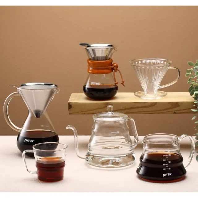 【CorelleBrands 康寧餐具】Pyrex Cafe  咖啡玻璃壺超值3件組(玻璃壺X1+玻璃杯X2)