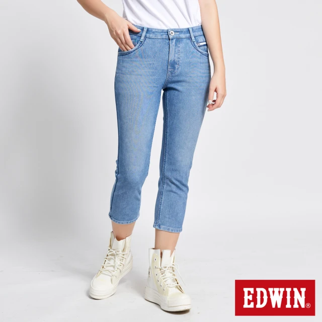 【EDWIN】女裝 JERSEY EJ2冰河玉直筒七分褲褲(拔淺藍)