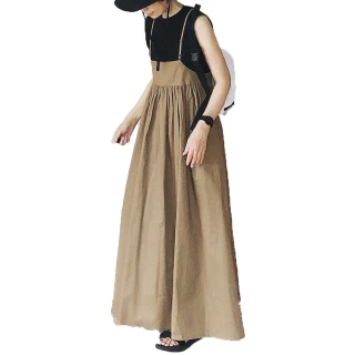 【ACheter】日本名古屋寬鬆壓褶棉麻原色長吊帶裙#109437+109957+109956現貨+預購(3款任選)
