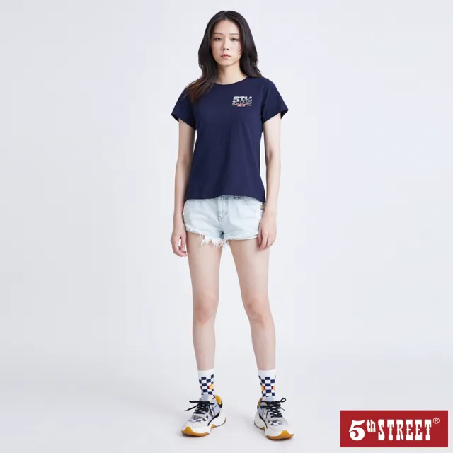 【5th STREET】女復古抽鬚熱褲-重漂藍