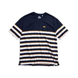 【EDWIN】男裝 PLUS+ 寬版條紋口袋短袖T恤(丈青色)