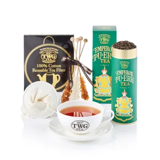 【TWG Tea】帝王普洱茗茶禮物組(帝王普洱 100g/罐+早茶杯盤組+瀘茶網+茶棒糖)