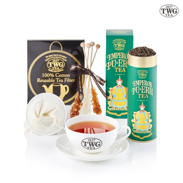 【TWG Tea】帝王普洱茗茶禮物組(帝王普洱 100g/罐+早茶杯盤組+瀘茶網+茶棒糖)