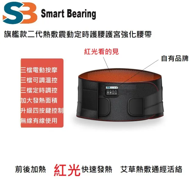【Smart bearing 智慧魔力】旗艦款二代充插電兩用 紅光熱敷震動按摩 無線彈力鬆緊護腰帶(電熱毯/電暖器)