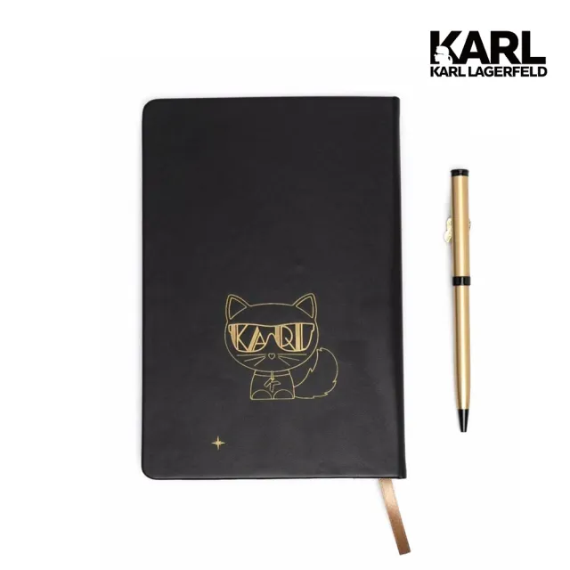 【KARL LAGERFELD 卡爾】IKONIK藝術金框筆記本套組(商用手帳本/圓珠鋼筆/橫頁書寫)