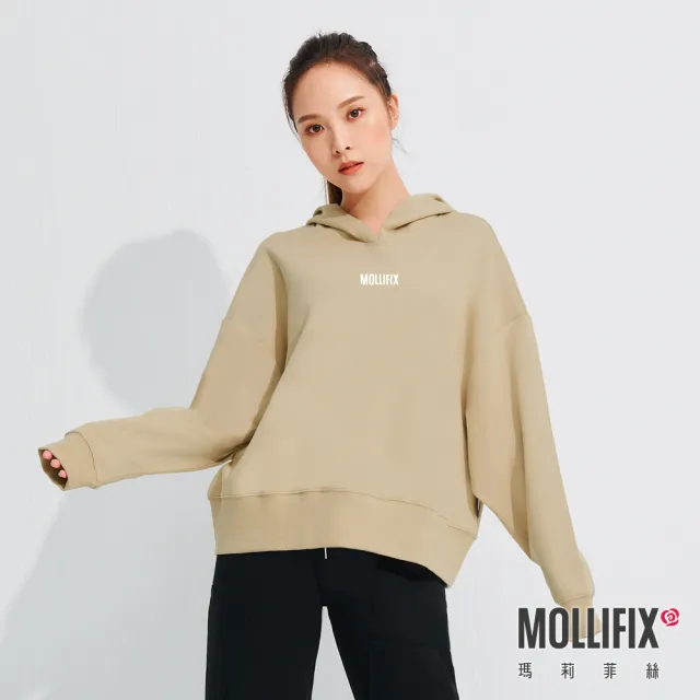 【Mollifix 瑪莉菲絲】潮流感不規則帽T長袖上衣、瑜珈上衣、瑜珈服(卡其)