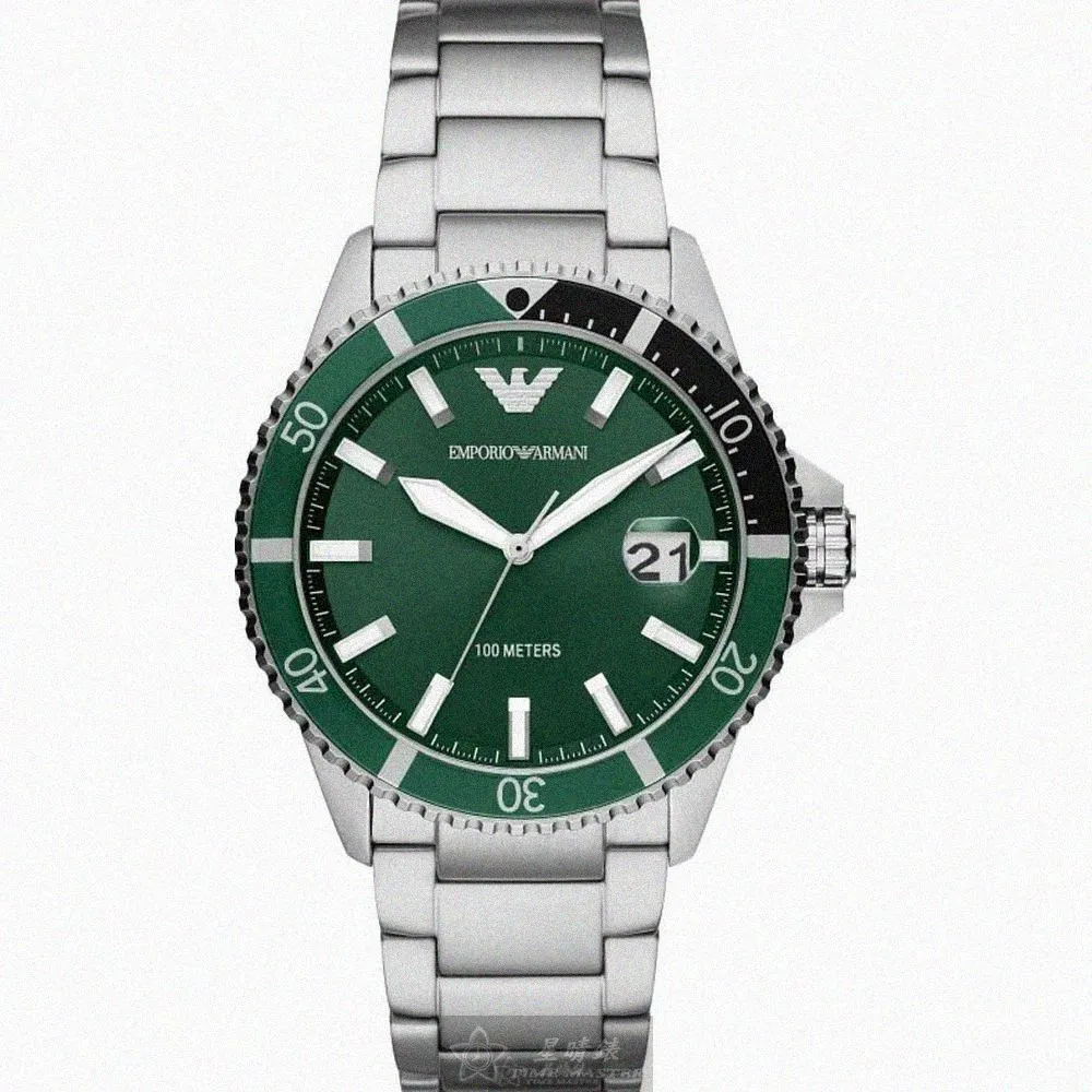 【EMPORIO ARMANI】ARMANI阿曼尼男錶型號AR00011(墨綠色錶面銀綠色錶殼銀色精鋼錶帶款)