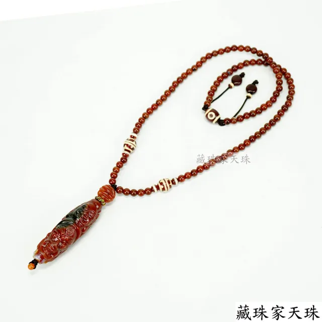 【藏珠家】精品65x20mm阿卡雪花刻觀音+不動明王法像天珠項鍊
