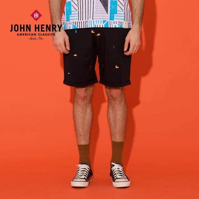 【JOHN HENRY】camping小圖刺繡趣味短褲-深藍