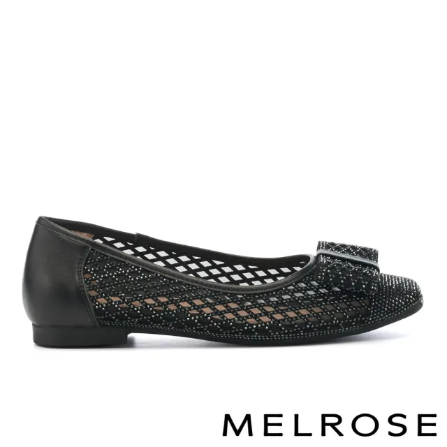 【MELROSE】氣質迷人蝴蝶結水鑽透膚方頭低跟鞋(黑)