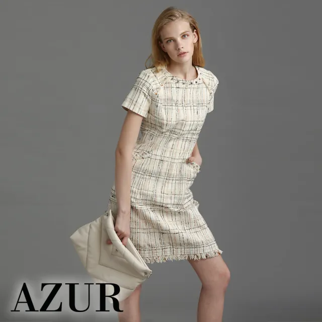 【AZUR】鉚釘抽鬚混織格紋造型連身洋裝