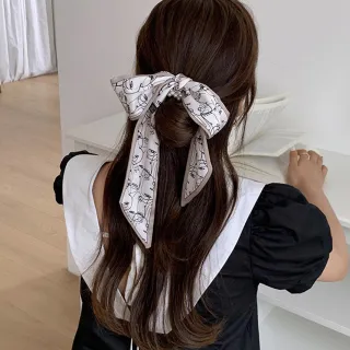 【UNICO】韓國兩用款珍珠搭絲巾飄帶髮圈-抽象圖(聖誕/髮飾)
