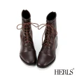【HERLS】短靴-綁帶造型橢圓頭皮革短靴軍靴(深棕色)