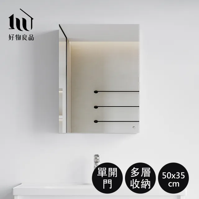 【好物良品】單開門封閉壁掛式不鏽鋼收納鏡櫃 防水防潮防霉浴室浴櫃 極簡鏡子置物櫃(高50x寬35x深12.5cm)