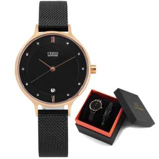 【EROS CERES】優雅迷人 閃耀晶鑽 米蘭編織不鏽鋼手錶 禮盒組 黑x玫瑰金框 33mm(LQ3303RG-BKBK)