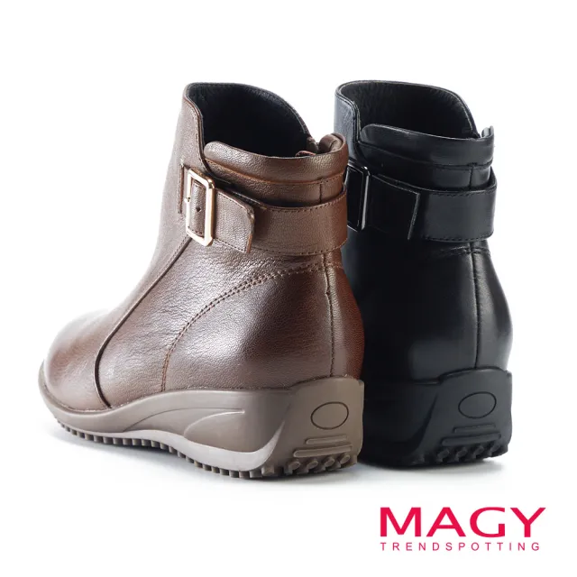 【MAGY】個性皮帶釦環真皮厚底 女 短靴(黑色)